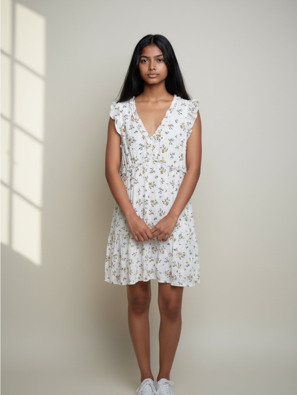 White Floral V-Neck Ruffle Mini Dress